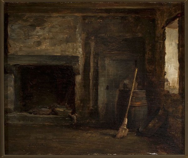 obraz  wnętrze kominka z beczką XIX wiek_600x506